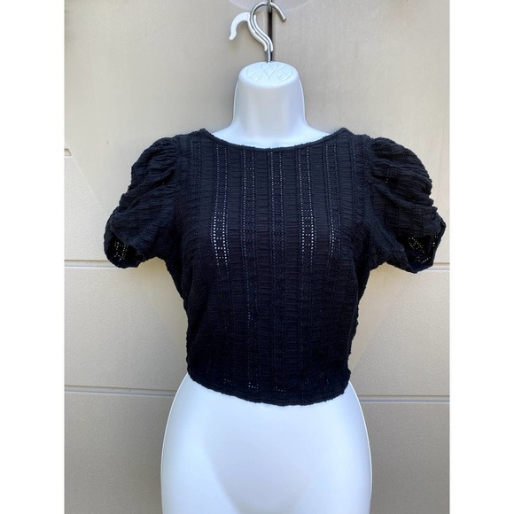 Free People Women’s Black Star Struck Tee Eyelet Open Back Crop Top Sz XS - Picture 6 of 11